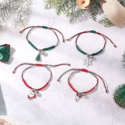 Mixed Shapes 4шт. браслеты с подвесками из сплава и эмали на рождественскую тематику, нейлоновые нити плетеные браслеты из бисера, разнообразные, внутренний диаметр: 2~3-1/4 дюйм (5.2~8.4 см)