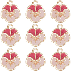 Pink 12подвески из латуни с эмалью, реальный 18 k позолоченный, цветок, розовые, 12x10.5x4 мм, отверстие : 1.5 мм
