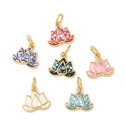 Настоящее золото 18K Подвески из латуни и ракушек с покрытием стойки, с эмалью, лотос, долговечный, без кадмия и без свинца, с целью перехода в кольце, реальный 18 k позолоченный, 9.5x10.5x2.5 мм, отверстие : 3.4 мм