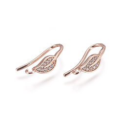 Rose Gold Brass Micro Pave Cubic Zirconia Earring Hooks, with Horizontal Loop, Rose Gold, 17x5mm, Hole: 1.4mm, 18 Gauge, Pin: 1mm