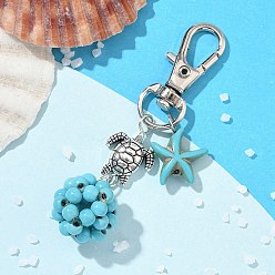 Светло-Голубой Подвесные украшения из морской звезды и круглой синтетической бирюзы, с бусинами из сплава в тибетском стиле в виде черепахи и поворотными застежками-лобстерами, Небесно-голубой, 68 мм