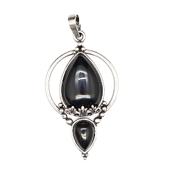 Обсидиан Природные подвески обсидиана, с металлическими поиск, слеза, 50x28x7 мм