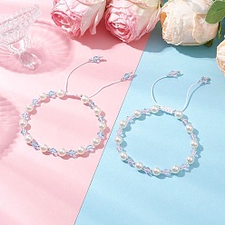 (52) Непрозрачная лаванда 2шт 2 цвета АБС пластик имитация жемчуга круглые бусины браслеты для женщин, с имитацией австрийских хрустальных стеклянных бусин, разноцветные, внутренний диаметр: 2-3/4~3-3/8 дюйм (6.85~8.5 см), 2 шт / комплект