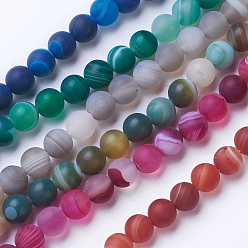 Mixed Color Natural Grade A Striped Agate/Banded Agate Beads Strands, Dyed & Heated, Frosted, Round, Mixed Color, 6mm, Hole: 1mm, about 62pcs/strand, 14.9 inch(38cm)