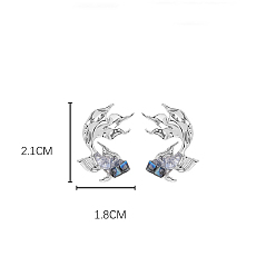 Платина Серьги-гвоздики из стеклянного сплава с рыбьим узором, с 925 штырями стерлингового серебра, платина, 21x18 мм