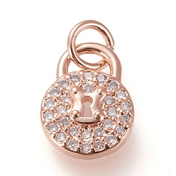 Розовый Позолоченный Латуни циркония кубической подвески, с прыжковых колец, долговечный, плоский круглый замок, прозрачные, Настоящее розовое золото покрыто, 12.2x9x2.4 мм, Перейти кольцо: 5x1 мм, 3 мм внутренним диаметром