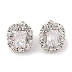 Прозрачный Прямоугольные серьги-гвоздики с паве из кубического циркония из латуни для женщин, платина, прозрачные, 15x13 мм