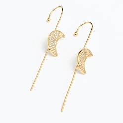 Real 18K Gold Plated Brass Micro Pave Clear Cubic Zirconia Ear Wrap Crawler Hook Earrings, Moon, Real 18K Gold Plated, 55x9.5mm, Pin: 1mm