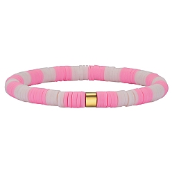Pink Эластичный браслет Heishi Surfer из полимерной глины с бусинами из нержавеющей стали 304, преппи-браслет, розовые, внутренний диаметр: 2 дюйм (5.2 см)