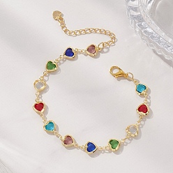 Разноцветный Браслеты из латунной стеклянной цепочки для женщин, сердце, реальный 18 k позолоченный, красочный, 7.32 дюйм (18.6 см)