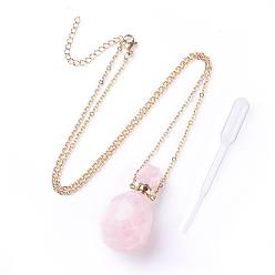Rose Quartz Natural Rose Quartz Openable Perfume Bottle Pendant Necklaces, with 304 Stainless Steel Cable Chain and Plastic Dropper, Bottle, Size: about 34~40 long, 15~20mm wide
