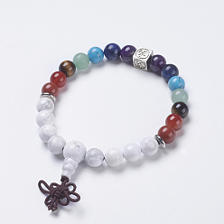 Howlite Chakra-Schmuck, natürliche Howlite und Mischstein Buddha Stretch Armbänder, mit Messing-Zubehör, Würfel mit Om-Symbol, 2-1/4 Zoll (58 mm), Anhänger: 40x10 mm