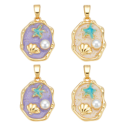 (52) Непрозрачная лаванда 4 шт. 2 цвета латунные эмалевые подвески, с пластиковой имитацией жемчуга, овал с подвесками в виде морских звезд и ракушек, стойки покрытие, прочное покрытие, без кадмия и без свинца, реальный 18 k позолоченный, разноцветные, 18.5x13.5x5 мм, отверстие : 3x2.5 мм, 2 шт / цвет