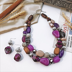 Темно-Фиолетовый Комплекты из двухслойных ожерелий и висячих серег с деревянными бусинами, со смолой для женщин, темно-фиолетовый, 17.72 дюйм (45 см)
