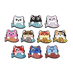 Mixed Color PVC Cabochons, Cat with Fish, Mixed Color, 26.5x30x3.5mm