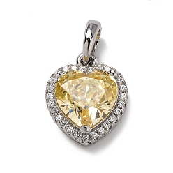 Сердце 925 подвески из стерлингового серебра с желтыми кубическими цирконами, Реальная платина, родий, сердце, 20 мм, Сердце: 16x13.5x6.5 mm, отверстие : 4.5x4 мм