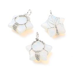 Opalite Opalite Pendants, with Platinum Tone Copper Wire Wrapped, Cadmium Free & Lead Free, Star, 34~37.5x29~31x10~12mm, Hole: 5~6mm