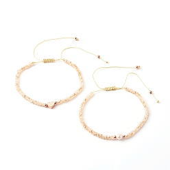 PeachPuff Nylon Thread Braided Bead Bracelets Sets, with Electroplate Glass Beads & Brass Beads, Heart, PeachPuff, Inner Diameter: 2-3/8 inch(6.1~11cm), 2pcs/set