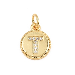 Letter T Breloques en laiton zircon cubique transparent, rond plat avec breloques en forme de lettre, plaqué longue durée, sans plomb et sans cadmium, crémaillère plaquage, réel 18 k plaqué or, lettre t, 12.5x10x1.5mm, Trou: 3mm
