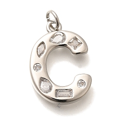 Letter C Латунные микропаве прозрачные подвески с фианитом, с целью перехода в кольце, без свинца и без кадмия, долговечный, стойки покрытие, письмо амулеты, платина, буква С, 20.5x14x2.7 мм, Перейти кольцо: 5x1 мм, 3 mm внутреннего диаметра.