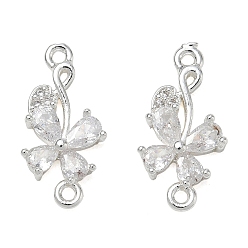 Plata Colgantes de conector de circonita cúbica transparente con pavé de latón, enlaces de flores, plata, 19.5x9.5x3.5 mm, agujero: 1.4 mm