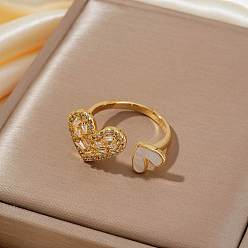 Сердце Элегантные латунные открытые кольца-манжеты с микропаве из кубического циркония для женщин, золотые, сердце, Сердце: 12 mm, внутренний диаметр: 18 мм