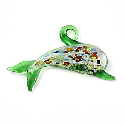 Зеленый лайм Ручной серебряная фольга Lampwork большие кулоны, прелести дельфинов, зеленый лайм, 45~49x65~68x9~11 мм, отверстие : 5~6x5~6 мм