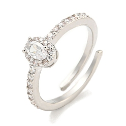 Прозрачный Регулируемые кольца из овальной стойки из латуни с микро-паве и кубическим цирконием для женщин, без кадмия и без свинца, долговечный, платина, прозрачные, внутренний диаметр: 17.8 мм