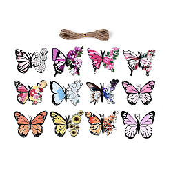 (52) Непрозрачная лаванда 12 шт. подвесные украшения в виде бабочек из дерева с односторонним УФ-отпечатком, подвесные украшения из джутовой веревки, вырезанные лазером деревянные формы, разноцветные, 61~78x77~80x2 мм, отверстие : 2.5~2.8 мм