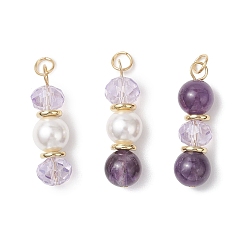 Аметист 3 шт. 3 стили подвески из натурального аметиста, ракушечного жемчуга и стекла, граненые рондели и круглые подвески из бусин, с 304 петлями из нержавеющей стали, золотые, 27.5~29.5x8.5 мм, отверстие : 3.5 мм, 1 шт / стиль