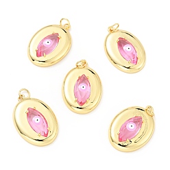 Бледно-Розовый Стойки обшивки латунь кубического циркония подвески, с эмалью, долговечный, без свинца, без кадмия и без никеля, реальный 18 k позолоченный, овал с сглаза, розовый жемчуг, 26x18x5 мм, отверстие : 3 мм, Перейти кольцо: 5x1 мм, 3 мм внутренним диаметром