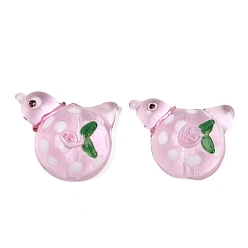 Pink Handmade Lampwork Beads, Peace Dove with Flower, Pink, 19x25x11mm, Hole: 1.8mm