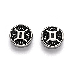 Близнецы 304 из нержавеющей стали бусы, плоские круглые с двенадцати созвездий, античное серебро, Близнецы, 10x4 мм, отверстие : 1.8 мм