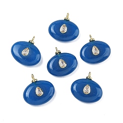 Белый Нефрит Крашеные натуральный белый нефрит подвески, Овальные подвески с латунной микрофиброй и отделкой из кубических цирконий, без свинца и без кадмия, долговечный, стойки покрытие, реальный 18 k позолоченный, синие, 20x20x6 мм, отверстие : 2 мм