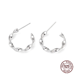 Real Platinum Plated Rhodium Plated 925 Sterling Silver Stud Earrings, Half Hoop Earring, Twisted Round Ring, Real Platinum Plated, 26x20x3mm