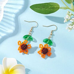 Темно-Оранжевый Стеклянная бусина в виде подсолнуха с 304 подвесками из нержавеющей стали, золотые, темно-оранжевый, 48.5x18 мм