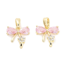 Pink Латунные микро проложить кубического циркония подвески, без кадмия, без никеля и без свинца, реальный 18 k позолоченный, бантом, розовые, 13x13x3.5 мм, отверстие : 5x3 мм