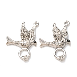 Platinum Alloy Rhinestone Pendants, Bird with Ring Charms, Platinum, 25~25.5x20.5~21x5mm, Hole: 1.2mm