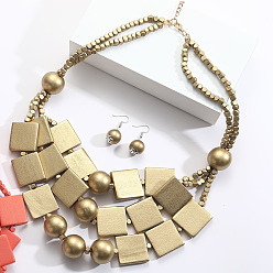 Бледно-Золотистый Комплекты из многослойных ожерелий и серег-подвесок из квадратных и круглых бусин из дерева в богемном стиле, золотые, бледно золотарник, 620 мм