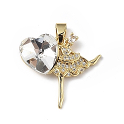 Clear Real 18K Gold Plated Rack Plating Brass Micro Pave Clear Cubic Zirconia Pendants, with Glass, Long-Lasting Plated, Cadmium Free & Lead Free, Dancer with Heart Charm, Clear, 23x24.5x8.2mm, Hole: 5x3.2mm