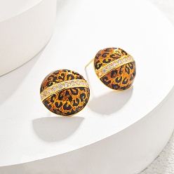 Плоский Круглый Латунные серьги-гвоздики с микропаве из кубических цирконий с леопардовым принтом, с эмалью, реальный 22 k позолоченный, плоско-круглые, 15.5 мм