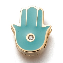 Golden 304 Edelstahl Diacharme, Schmelz-Stil, mit Strass-Kristall, Hamsa Hand / Hand von Fatima / Hand von Miriam, dunkeltürkis, golden, 12x10x3.5 mm, Bohrung: 7.5x1.5 mm
