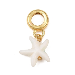 Blanco Dijes colgantes europeos de resina de latón, colgantes con agujeros grandes en forma de estrella de mar, chapado en rack, larga duración plateado, sin plomo y el cadmio, real 18 k chapado en oro, blanco, 27 mm, agujero: 6 mm