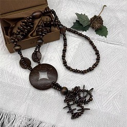 Плоский Круглый Подвески и ожерелья из кокоса и дерева в богемном стиле, кокосового коричневый, плоско-круглые, 31.50 дюйм (80 см)