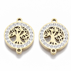 Золотой 201 соединительные звенья нержавеющие, с полимерной глиной кристалла горного хрусталем, плоские круглые с дерева жизни, золотые, 20x15x2.5 мм, отверстие : 1.6 мм