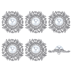 Платина 6 шт. пуговицы из АБС-пластика с имитацией жемчуга на ножке, со сплавочной фурнитурой, 1-луночное, цветок, платина, 36~37x15.5 мм, отверстие : 3 мм