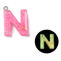 Letter M Светящиеся подвески смолы, светится в темноте, с платиновым покрытием петли, буквы, Письмо N, 24x18x5.5 мм, отверстие : 1.8 мм