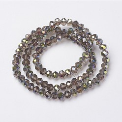 Silver Electroplate Transparent Glass Beads Strands, Half Green Plated, Faceted, Rondelle, Silver, 3x2mm, Hole: 0.8mm, about 150~155pcs/strand, 15~16 inch(38~40cm)