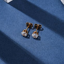Настоящее золото 18K 304 Серьги-гвоздики из нержавеющей стали с прозрачным фианитом и микропаве, плоско-круглые, реальный 18 k позолоченный, 5.5 мм