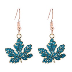 Стально-синий Серьги с подвесками из сплава кленового листа с эмалью, золотые, стальной синий, 40x20 мм